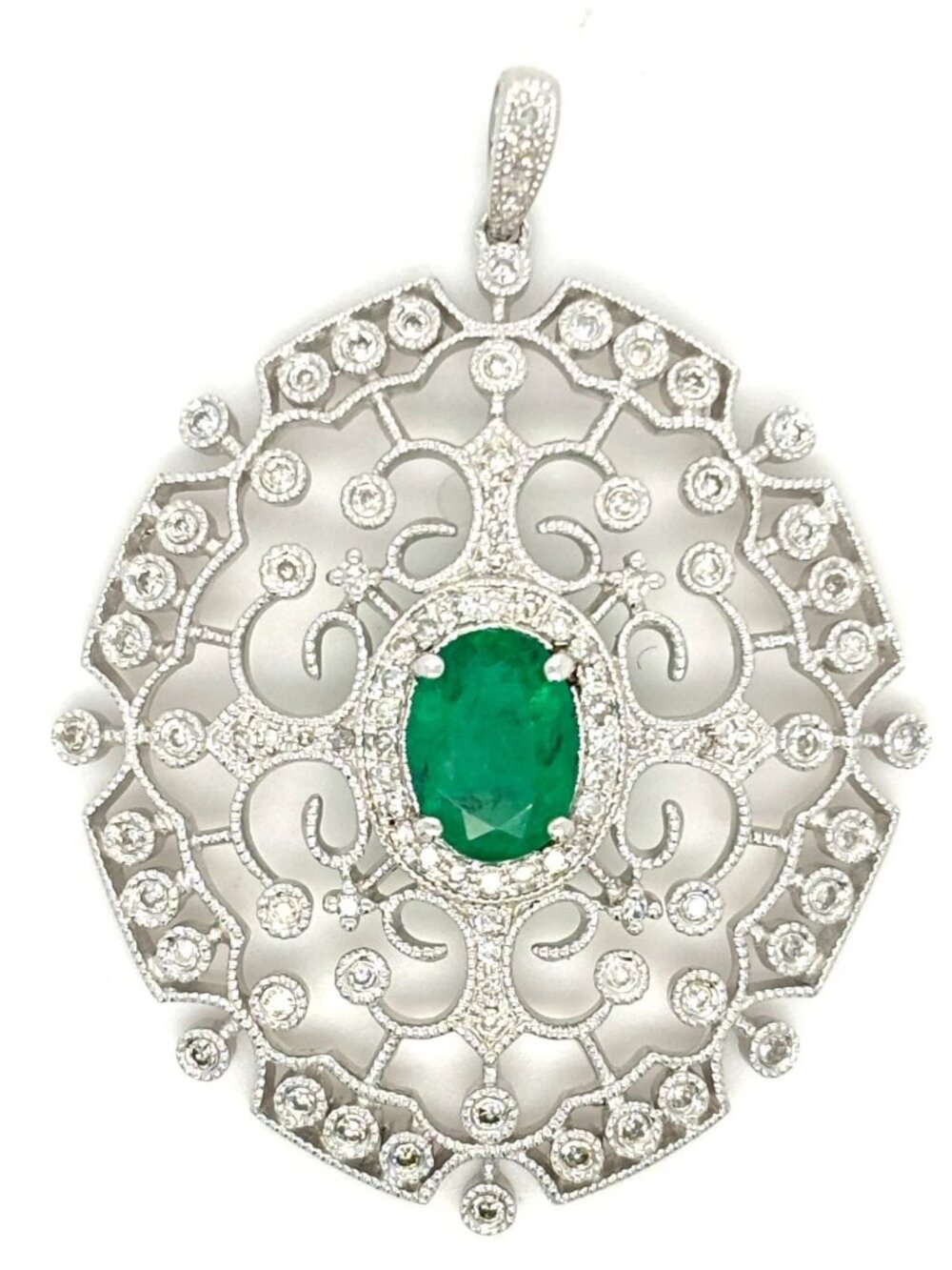 EFFY Natural Diamond & Oval Green Emerald Filigree Pendant 14K White Gold